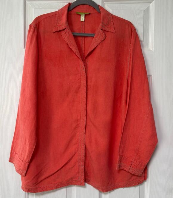 Sigrid Olsen Tops - Sigrid Olsen Women's100%Linen Orange Embroidered Beaded Long Sleeve Top 1X